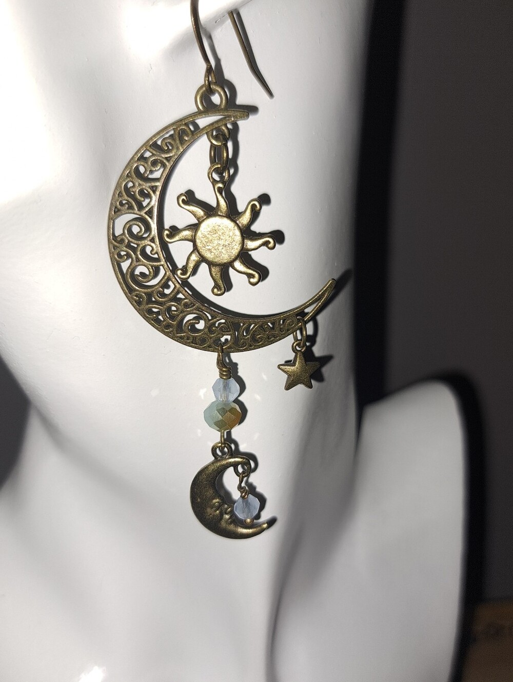 Antique Bronze Celestial Charm Earrings With Moonstone Color Beads
